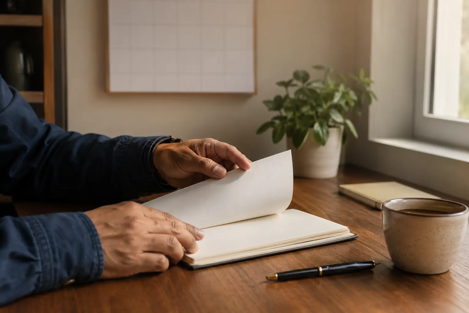 Manos de una persona pasan la hoja de una libreta junto a un calendario de pared, planeando días de trabajo