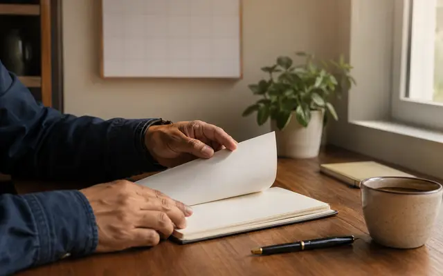 Manos de una persona pasan la hoja de una libreta junto a un calendario de pared, planeando días de trabajo