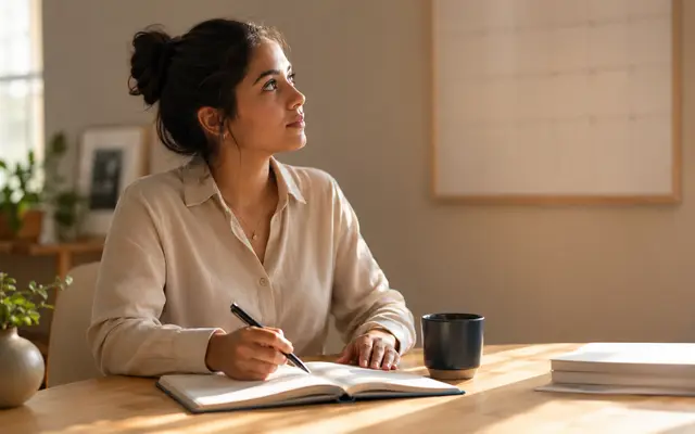 Mujer joven planea sus fechas en una agenda frente a un calendario de pared desenfocado
