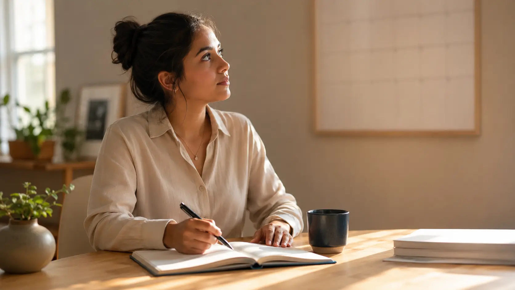 Mujer joven planea sus fechas en una agenda frente a un calendario de pared desenfocado