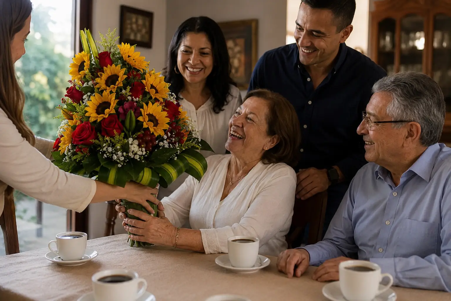 Familia colombiana de varias generaciones reunida alrededor de la mesa celebrando una fecha especial en casa