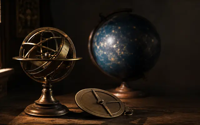 Esfera armilar y astrolabio antiguos de latón sobre una mesa de madera, con un globo celeste al fondo