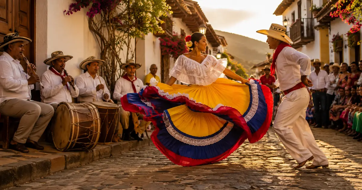 Pareja bailando cumbia con trajes folclóricos en una calle empedrada de pueblo colombiano
