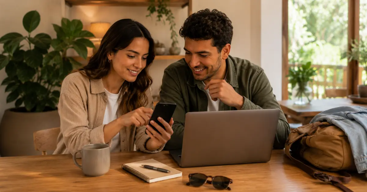 Pareja planificando un viaje con celular y portátil sobre una mesa de madera
